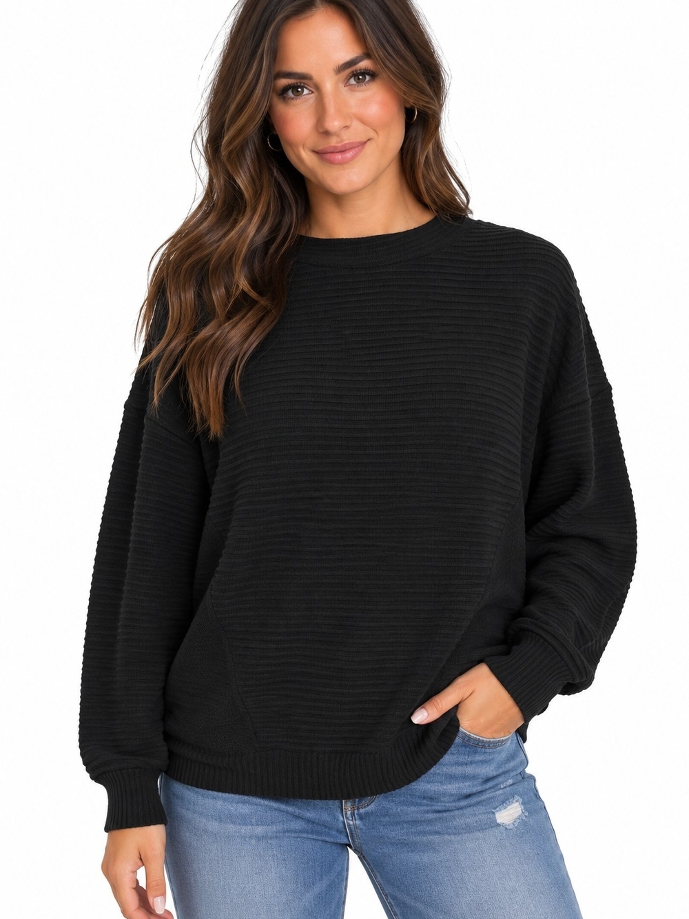 Simply Vera Vera Wang Black Ribbed Crewneck Sweater